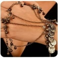 thumbnail image 1 of Boho Coins Link Hand Chain Bracelet with 5 Finger Rings Vintage Metal Bells Belly Dance Bracelets Halloween Costume Accessory for Women, 1 of 12