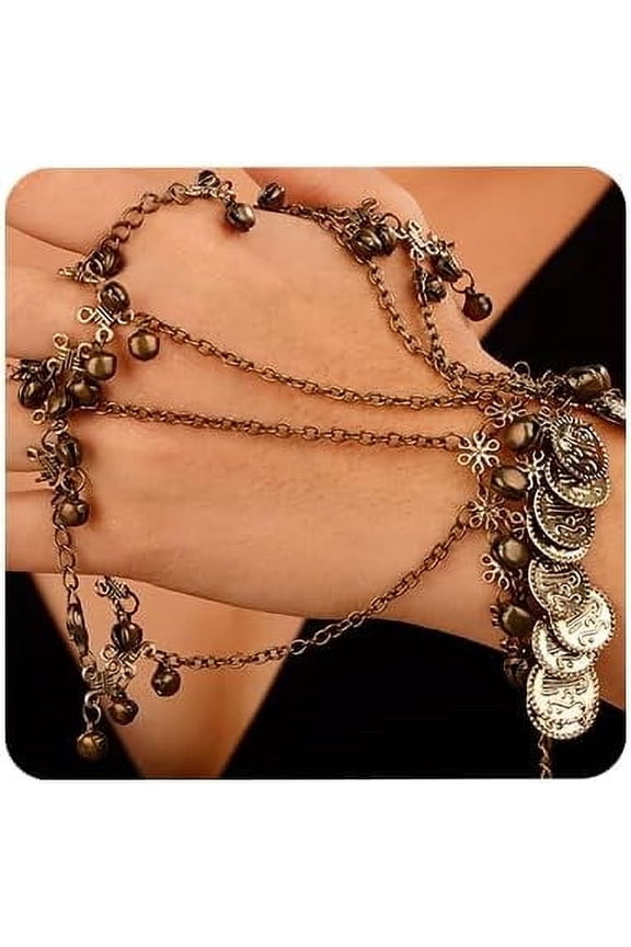 Boho Coins Link Hand Chain Bracelet with 5 Finger Rings Vintage Metal Bells Belly Dance Bracelets Halloween Costume Accessory for Women