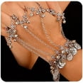 thumbnail image 1 of Boho Coins Link Hand Chain Bracelet with 5 Finger Rings Vintage Metal Bells Belly Dance Bracelets Halloween Costume Accessory for Women, 1 of 6
