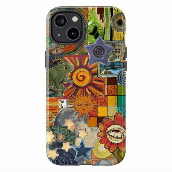 Boho Collage Phone Case – Trippy Sun & Stars Retro Aesthetic iPhone Cover – Psychedelic Mixed Media Art Case for iPhone 16/15/14/13/12/11
