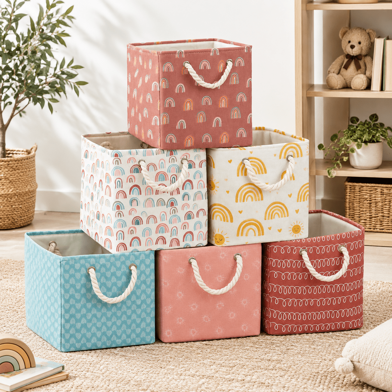 Boho Color 11 x 11 Inch Rainbow 6 Pack Cube Fabric Storage Baskets ...