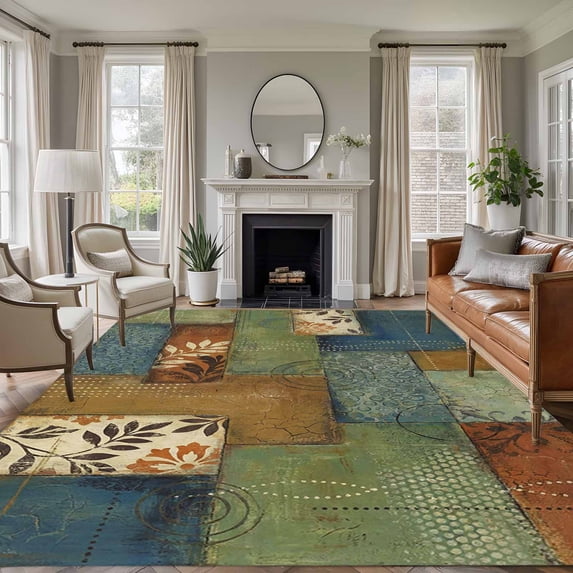 Boho Color Block Area Rugs 6'x9', Washable Small Throw Rugs for Kitchen Dining room, Geometric Vintage Floral Indoor Outdoor Rug Non-Slip Low Pile Carpet Runner Reversible Floor Mats