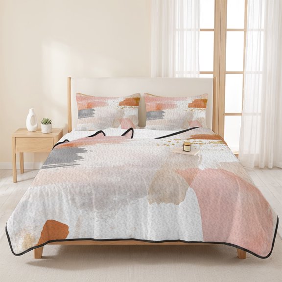 Boho Color Block Gradient 3 Pieces Quilt Set,1 Quilt with 2 Shams,Nordic Minimalist Style Bedspread Soft Lightweight Bedding Coverlet Comforter Set for All Season 96"x106"
