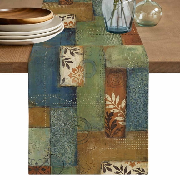 Boho Color Block Table Runner, Geometric Vintage Floral Washable Cotton Linen Table Runners 48 Inches Long, Dresser Scarf Runner for Nightstand/Coffee/End Tables 13''x48''