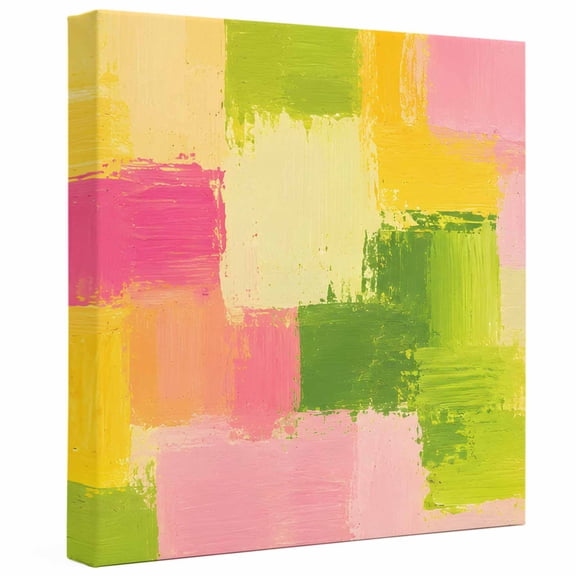 Boho Color Patch Canvas Wall Art Framed Wall Decor for Living Room Bedroom Bathroom, Abstract Block Pink Green Vibrant Yellow Patches Canvas Pictures Ready to Hang Decor, 8"x8"