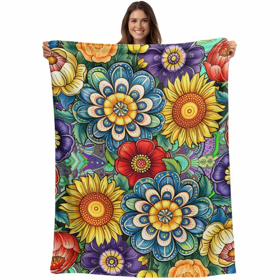Boho Colorful Floral Blanket Soft Cozy Warm Throw Blanket for Couch, Plush Fuzzy Flannel Fleece Blankets for Sofa, Spring Flower Botanical Sunflowers Plant Bed Blankets Gifts for Men, 30"x40"