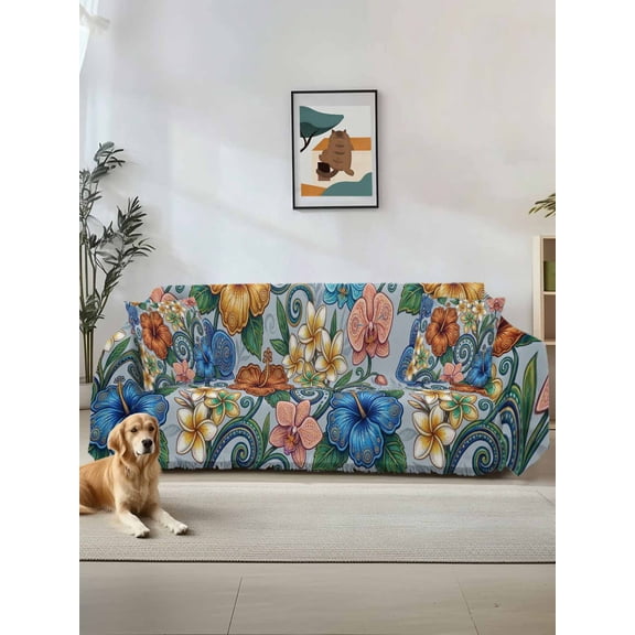 Boho Colorful Floral Couch Cover, Spring Flowers Vintage Abstract Art Sofa Cover Blanket for Loveseat Couches, Sectional Sofa Slipcover Furniture Protector for Living Room Bedroom 71''x118''