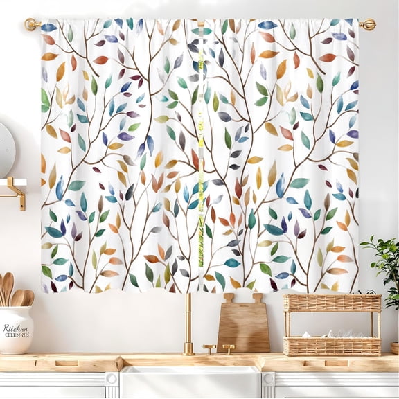 Boho Colorful Floral Leaf Kitchen Curtains 27.5W X 39L Inch 2 Panel Botanical Abstract Bohemian Small Short Cafe Tier Curtain Modern Aesthetic Multi Window Drape Treatment Kitchen Decor