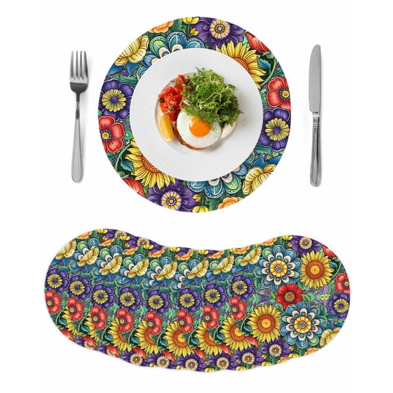 Boho Colorful Floral Round 15 Inch Placemats Set of 8, Spring Flower Botanical Sunflowers Plant HeatResistant Non Slip Place Mats for Dining Table, Wipeable Kitchen Table Mats for Housewarming