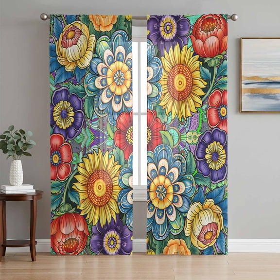Boho Colorful Floral Sheer Curtains 108 Inch Length 2 Panels Set, Spring Flower Botanical Sunflowers Plant Window Treatment Semi Sheer Long Curtains Drapes for Bedroom/Living Room/Kitchen 52"x108"x2