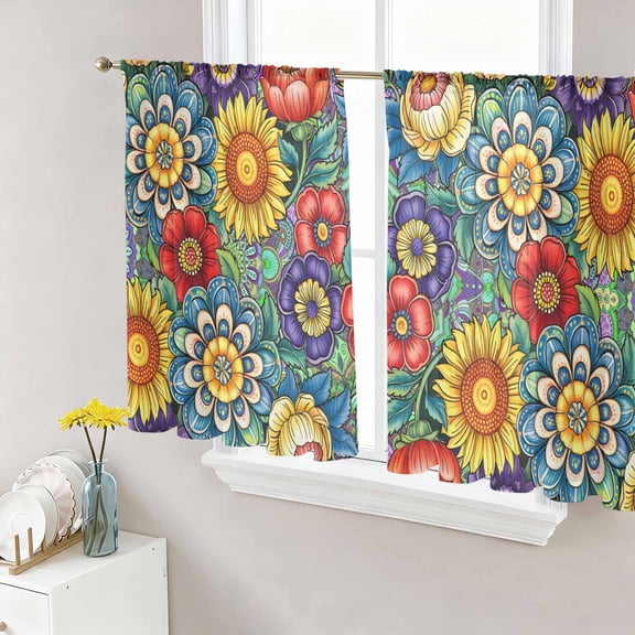 Boho Colorful Floral Sheer Curtains 45 Inch Length 2 Panels Set, Spring Flower Botanical Sunflowers Plant Voile Window Treatment Rod Pocket Small Kitchen Curtains Drapes for Bedroom 52"x45"x2