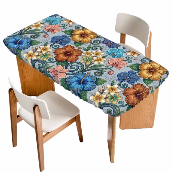 Boho Colorful Floral Table Cloths for 5 Foot Rectangle Tables, Spring Flowers Vintage Abstract Art Patio Waterproof Elastic Fitted Tablecloths, Washable Rectangular Table Cover for Camping