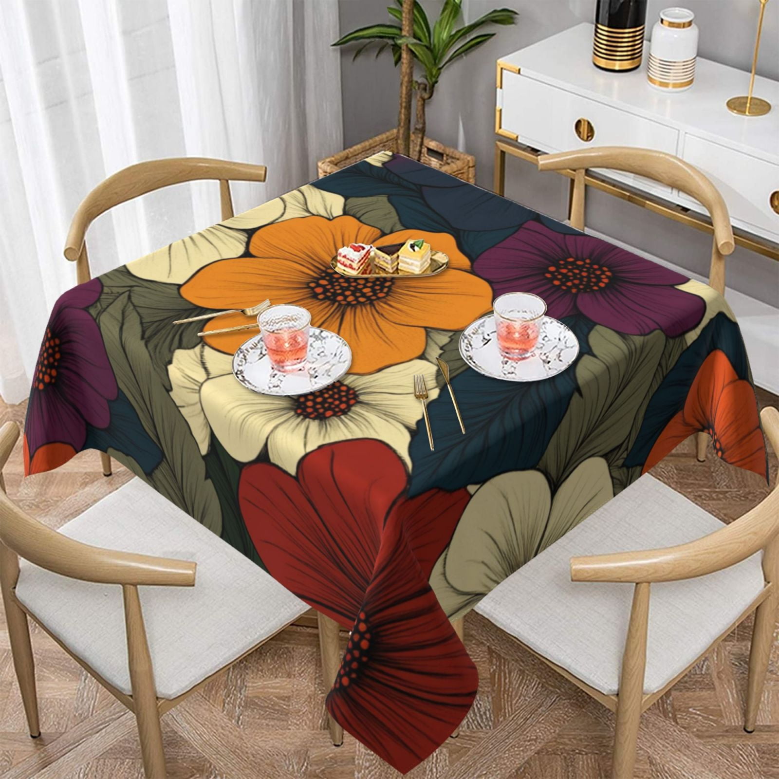 Boho Colorful Flowers Print Tablecloth Rectangle Table Cloth Stain and