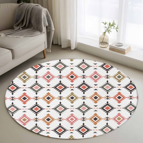 Boho Colorful Geometric 3ft Area Rug, Modern Abstract Ethnic Rhombus Washable Non-Slip Small Round Rugs for Entryway Bedroom Kitchen, Soft Circle Carpet for Dining Room, Playroom Nursery Rug