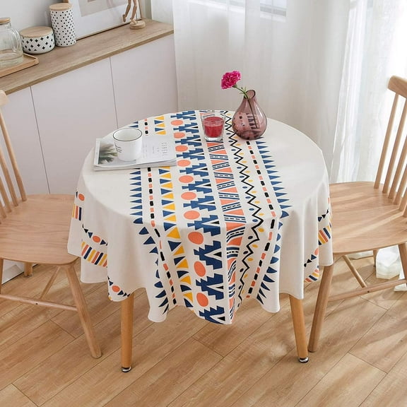 Boho Colorful Geometric Print Round Tablecloth Cotton Linen Dust-Proof Table Cover for Kitchen Dinner Table Diameter 60", Colorful