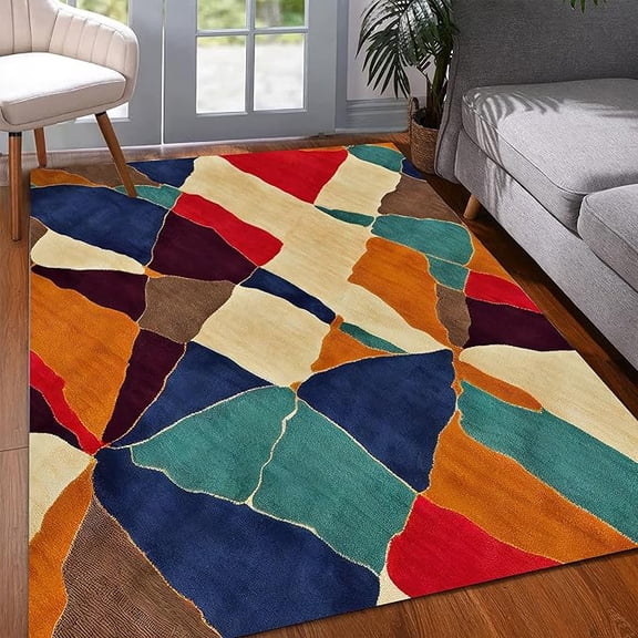 Boho Colorful Geometric Splicing Area Rug 70S Retro Decor Art Area Rug Non-Slip Carpet Mat For Living Dining Dorm Room Bedroom Home Decorative 5 x 8ft