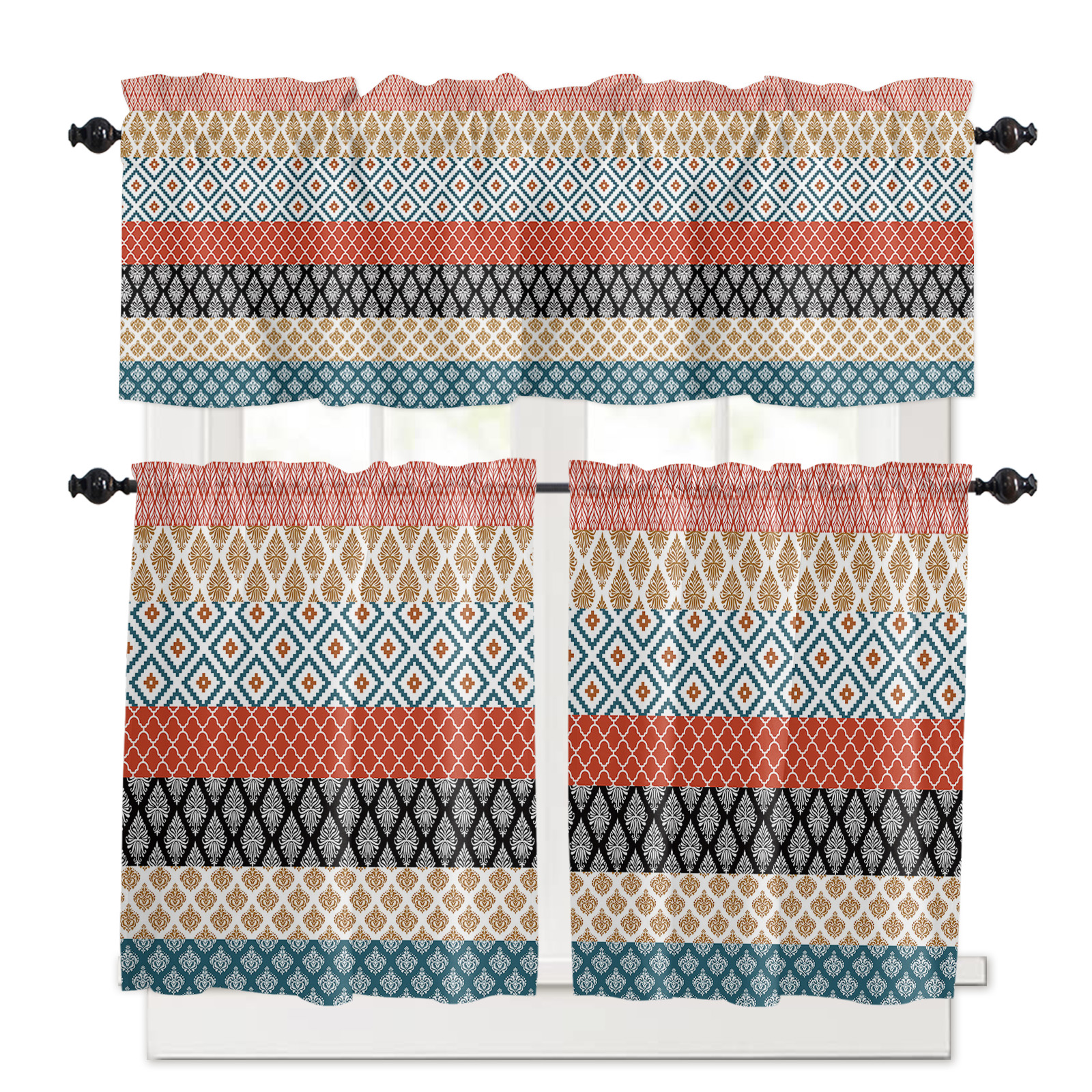 Boho Colorful Kitchen Curtains Valance and Tier Set Striped Ethnic ...