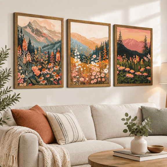 Boho Colorful Landscape Wall Art Set Of 3 Vintwildflower Mountain Canvas Decortings Rustic Flpictures Prints For Living Room Bedr