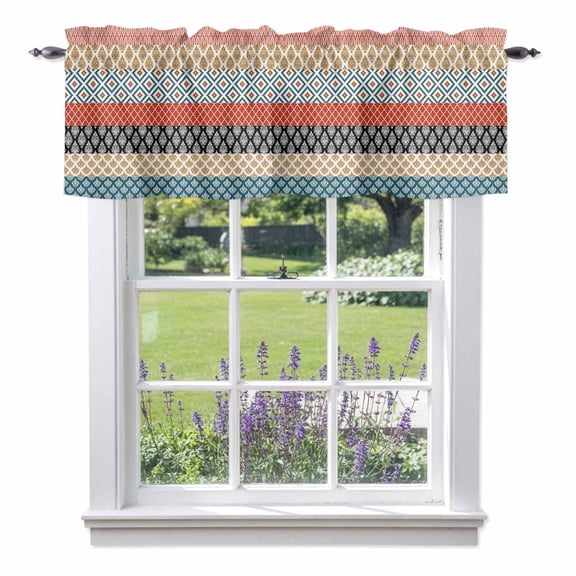 Boho Colorful Light Filtering Valance Curtains, Striped Ethnic Style Geometric Classical Retro Rod Pocket Short Window Valance for Kitchen Bathroom Windows 1 Panel 42"x12"