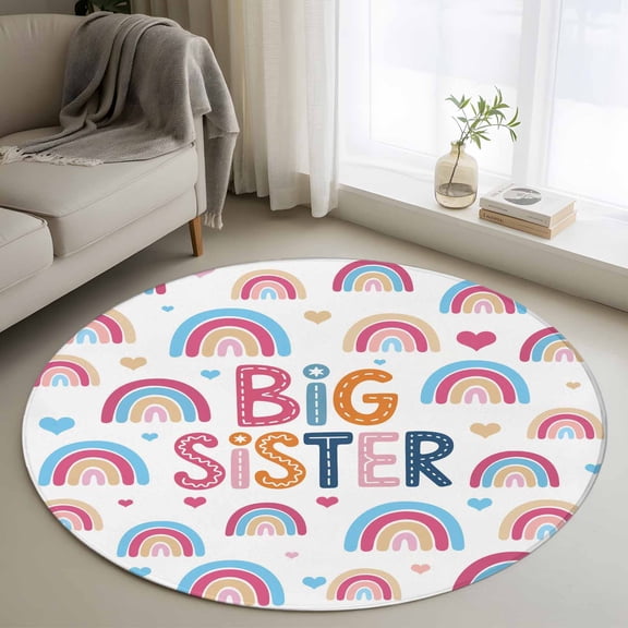 Boho Colorful Rainbow 3ft Area Rug, Cartons Rainbows BIG SISTER Text Washable Non-Slip Small Round Rugs for Entryway Bedroom Kitchen, Soft Circle Carpet for Dining Room, Playroom Nursery Rug