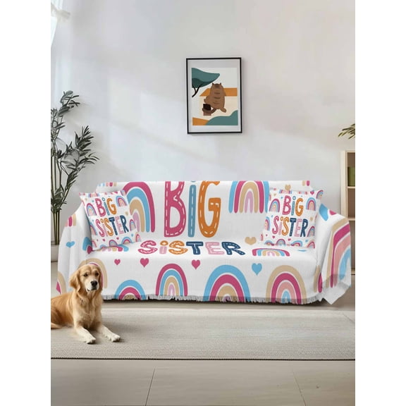 Boho Colorful Rainbow Couch Cover, Cartons Rainbows BIG SISTER Text Sofa Cover Blanket for 3 Cushion Couch, Sectional Sofa Slipcover Furniture Protector for Living Room Bedroom 71''x134''