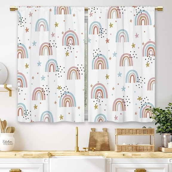 Boho Colorful Rainbow Kitchen Curtains Kids Child Boys Girls Small Short Cafe Window Curtains Cute Cartoon Blue Pink Rod Pocket Bathroom Drapes Treatment Tier Curtains 2 Panels (27.5x36 Inch)