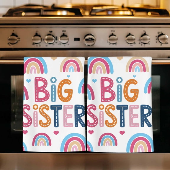 Boho Colorful Rainbow Kitchen Towels Set of 1, Cartons Rainbows BIG SISTER Text Absorbent Dish Towels for Kitchen, Microfiber Hand Towel, Quick Drying Tea Towel for Cleaning Decorative Dishcloths