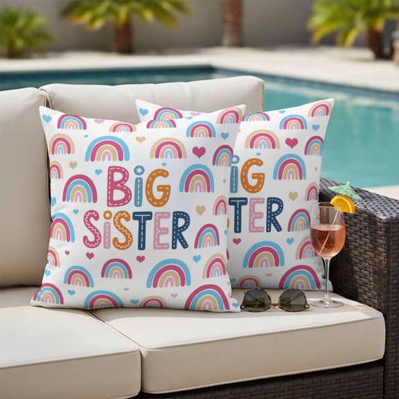 Boho Colorful Rainbow Outdoor Pillow Covers 16x16 Inch Throw Pillow Covers Set of 2 Waterproof Decorative Pillow Cases Cartons Rainbows BIG SISTER Text Cushion Covers for Patio Furniture Garden Couch