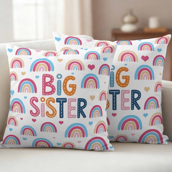 Boho Colorful Rainbow Outdoor Waterproof Throw Pillow Covers 16x16 Set of 2, Cartons Rainbows BIG SISTER Text Decorative Pillowcases Cushion Pillowcase for Couch Sofa Patio Outside Pillow Protector