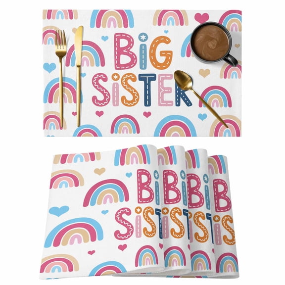 Boho Colorful Rainbow Placemats Set of 6, Cartons Rainbows BIG SISTER Text Placemats for Dining Table, Place Mats for Kitchen Tabletop, Waterproof Wipeable Dining Table Mats Set
