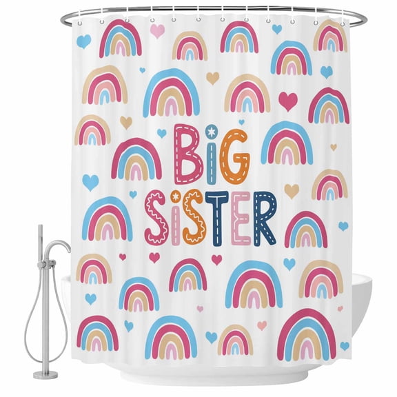 Boho Colorful Rainbow Shower Curtain Set - Small 36" x 72" Washable Bathtub Curtain with 12 Hooks, Cartons Rainbows BIG SISTER Text Waterproof Fabric Stall Shower Curtains for Bathroom/Bathtub Décor