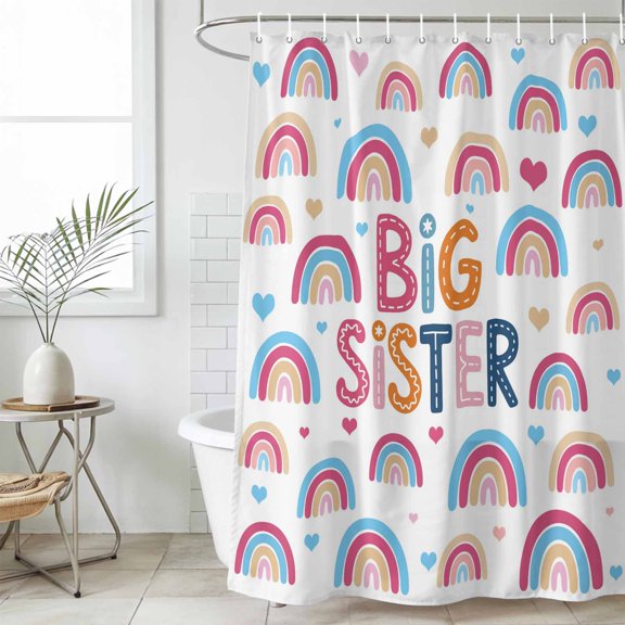 Boho Colorful Rainbow Small Stall Shower Curtain, Waterproof Shower Curtains for Bathroom, Cartons Rainbows BIG SISTER Text Washable Fabric Bath Curtain for Bathtub Decoration with Hooks 36x72 Inches