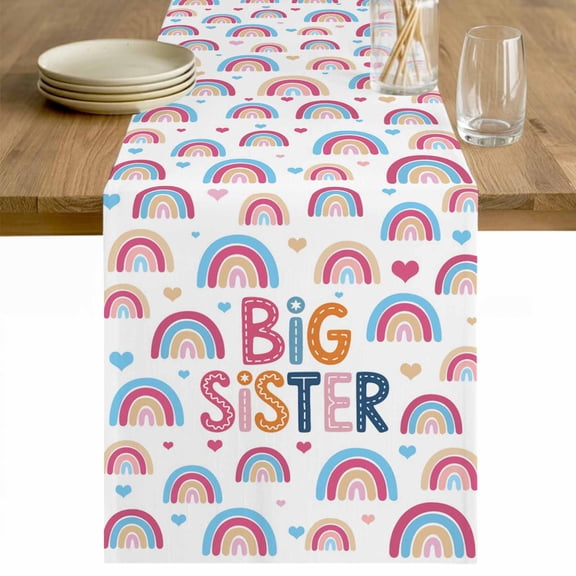 Boho Colorful Rainbow Table Runner - 48 Inch Long Cartons Rainbows BIG SISTER Text Cotton and Linen Blended Dress Scarves Farmhouse Table Runner for Kitchen Dining, Coffee Table, 13" x 48"