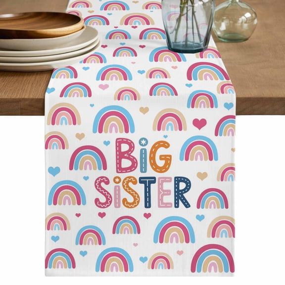 Boho Colorful Rainbow Table Runner, Cartons Rainbows BIG SISTER Text Washable Cotton Linen Table Runners 36 Inches Long, Dresser Scarf Runner for Nightstand/End Tables/Round Tables 13''x36''