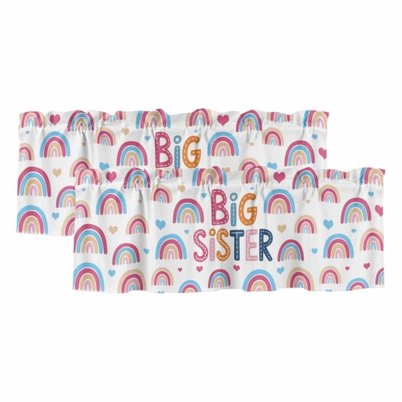 Boho Colorful Rainbow Valances for Windows, Decorative Rod Pocket Window Valance Curtains, Cartons Rainbows BIG SISTER Text Short Curtain Drapes for Kitchen/Living Room, 2 Panels, 42" W x 12" L