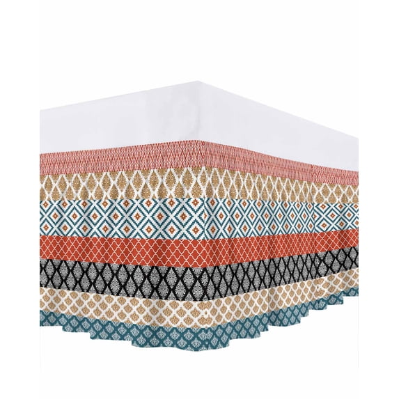 Boho Colorful Ruffle Bed Skirt California King Size Striped Ethnic Style Geometric Classical Retro Adjustable Elastic Dust Bed Skirts Wrap Around Bedskirt Wrinkle Free Easy Fit with 18 Inch Drop