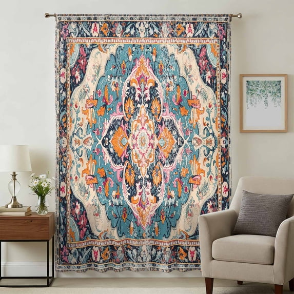 Boho Colorful Sheer Curtains 45 Inches Long, Ethnic Modern Geometric Abstract Art Light Filering Curtains, Breathable Simi Curtain Privacy Drapes for Kitchen Bathroom Small Window Treatment