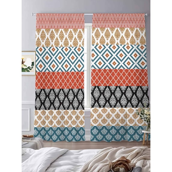 Boho Colorful Sheer Curtains 96 inches Long 2 Panels Set Striped Ethnic Style Geometric Classical Retro Tiers Sheers Rod Pocket Small Window Short Curtains for Kitchen Cafe, Each 52" W x 96" L