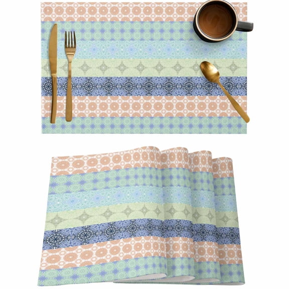 Boho Colorful Stripe Ethnic Style Placemats Set of 4,Wipeable Washable Table Mats for Dining Tables,Rustic Flower Petals Art Place Mats for Kitchen Event Party Tabletop Decor