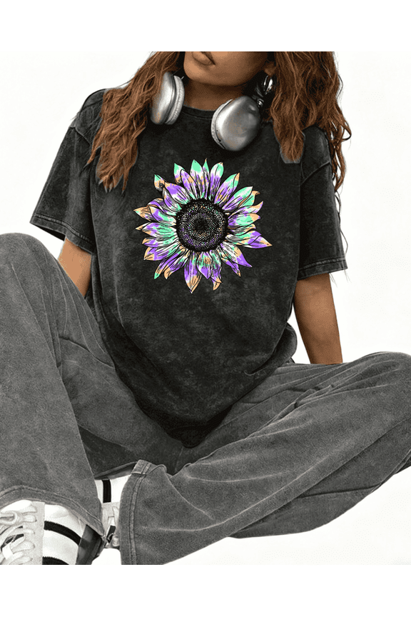 Boho Colorful Sunflower Art Print Tshirt Graphic Tees Black Shirts Water Washed S-2XL Tops