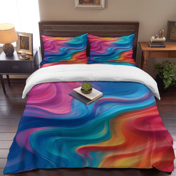 Boho Colorful Swirl Queen Size Bed Set,Liquid Marble Background Bedding for All Seasons,4 Pcs Bed Set,1 Quiltcover (90"x90"),1 Sheet (90"x102"),2 Pillowcases (20"x30")