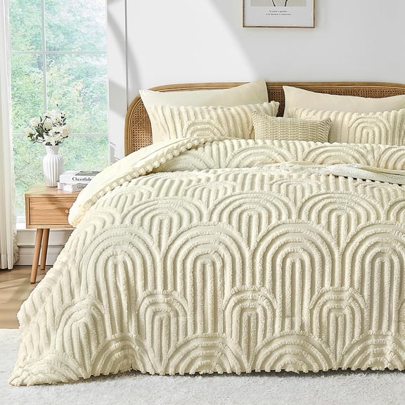 Boho  Comforter Set, 7 count Tufted Beige Bedding Sets, Soft Cozy Chic Bed in a Bag, Arch  Shabby Bed Set  Season with Comforter, Fitted Sheet, Flat Sheet & Pillowcases