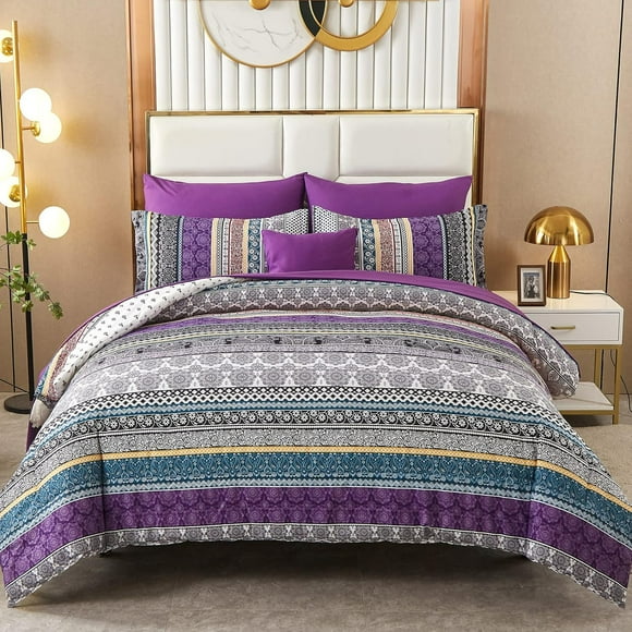 Boho Comforter Set Full Size 8 Piece Bed in a Bag Bohemian Striped Bedding Quilt Set Purple Paisley Floral Comforter and Sheet Set Soft Microfiber Complete Bedding Sets for All Season