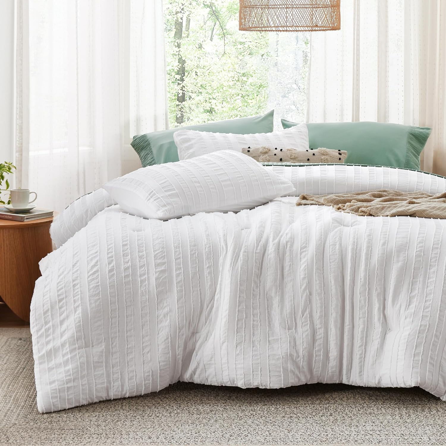 Boho Comforter Set Full White Tufted Bedding Comforter Set, 3 Pieces