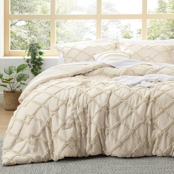 Boho Comforter Set King - Beige Tufted King Size Comforter, 3 Pc Farmhouse Embroidered Bedding Set, Soft Fluffy Geometric Pattern, All Season Cozy Bedspread