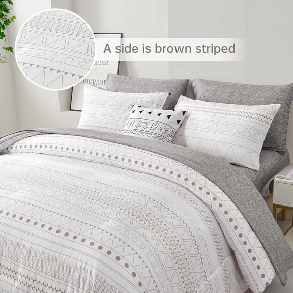 Boho Comforter Set King Size, 7 Pieces Grey White Geometric Bedding