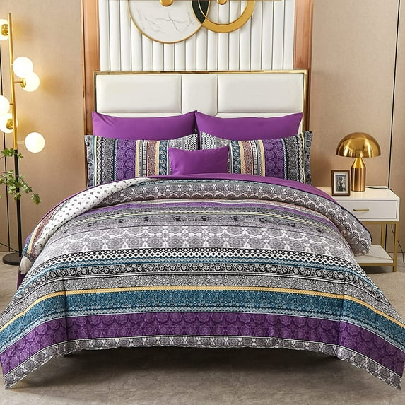 Boho Comforter Set King Size 8 Piece Bed in a Bag Bohemian Striped Bedding Quilt Set Purple Paisley Floral Comforter and Sheet Set,Soft Microfiber Complete Bedding Sets for All Season