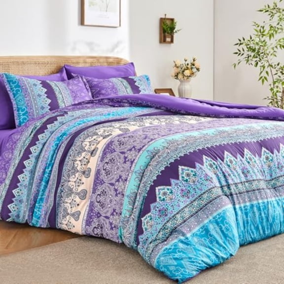 Boho Comforter Set King Size Purple - 7 Pieces Bohemian Floral Striped Comforter and Sheet Set Lightweight Bed in a Bag Complete Bedding Sets King Size for All Season Purple King