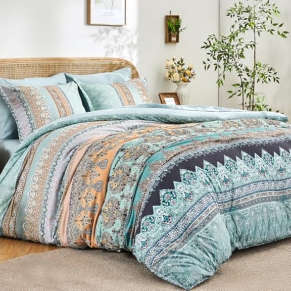 Boho Comforter Set King Size Sage Green - 7 Pieces Bohemian Floral Striped Comforter and Sheet Set Soft Bed in a Bag Complete Bedding Sets King Size for All Season Sage Green King
