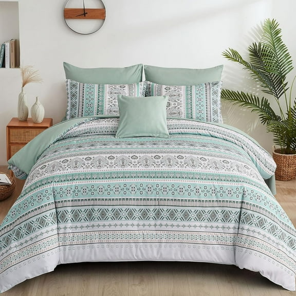 Boho Comforter Set, Mint Green Bedding Set Queen Size 8 Piece Bohemian Striped Paisley Flower Bed in a Bag Revesible Microfiber Winter Down Alternative Bed Set with Pillowcases & Shams,Sheets